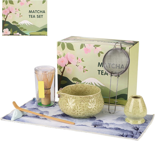 Matcha Whisk Set, 7 Pcs Matcha Kit Includes Matcha Bowl, Whisk and Holder, Bamboo Scoop, Scoop Rest, Sifter and Tea Towel, Gift for Matcha Lover (Mottled Green)