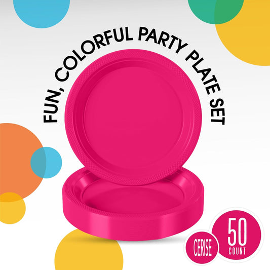 Exquisite Party Solids Hot Pink Plastic Plates For Party Supplies 10" Hot Pink Disposable Plates Heavy Duty 50 Pcs Plastic Dinnerware Sets Heavy Duty 350 GSM Disposable Dinnerware Set