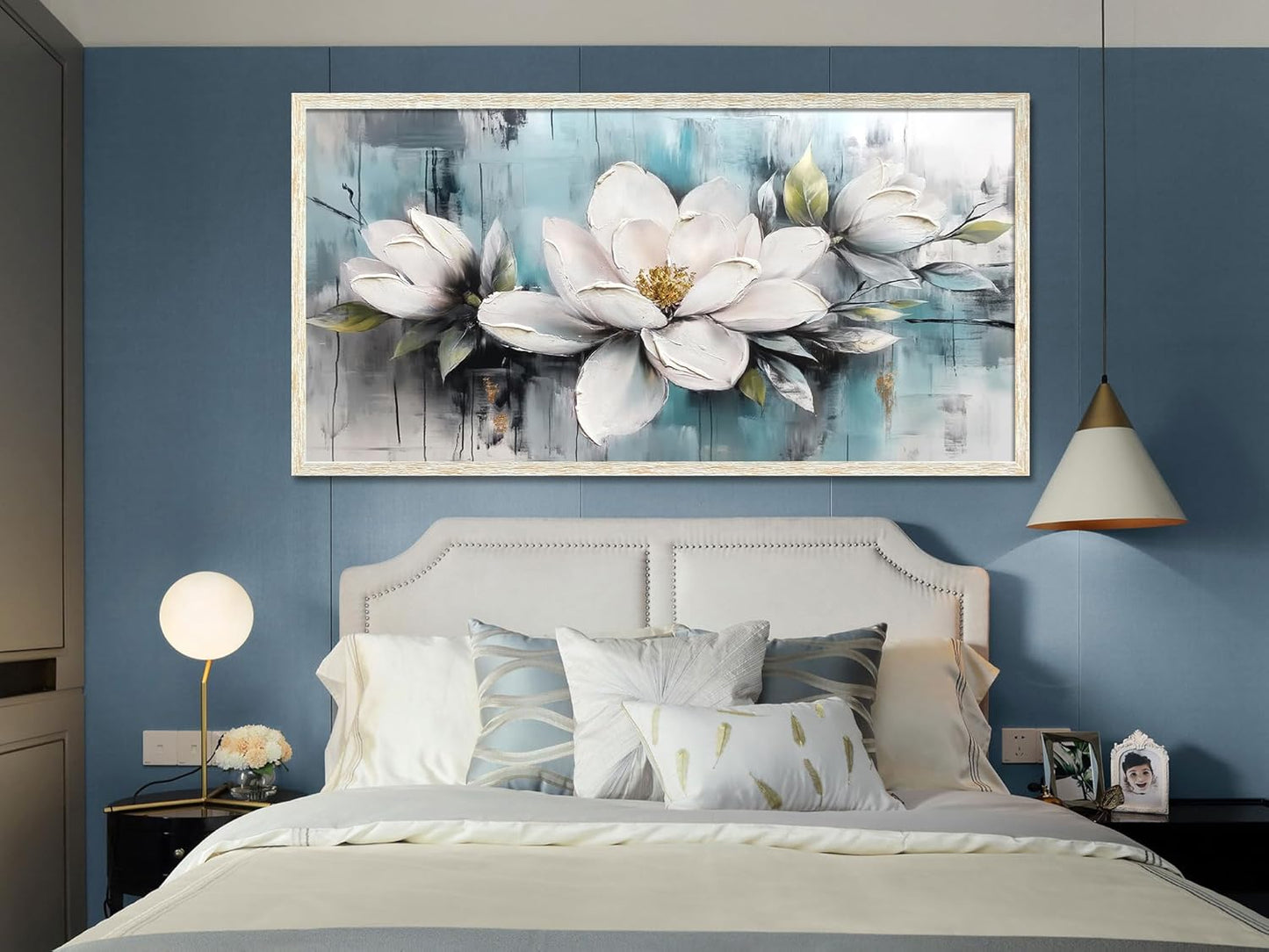 Ardemy Magnolia Wall Art Framed Large Canvas Wall Decor Living Room, White Floral Pictures Wall Decor Teal Paintings FlowerTextured Artwork for Bedroom Dining Room Home Office, 48"x24"