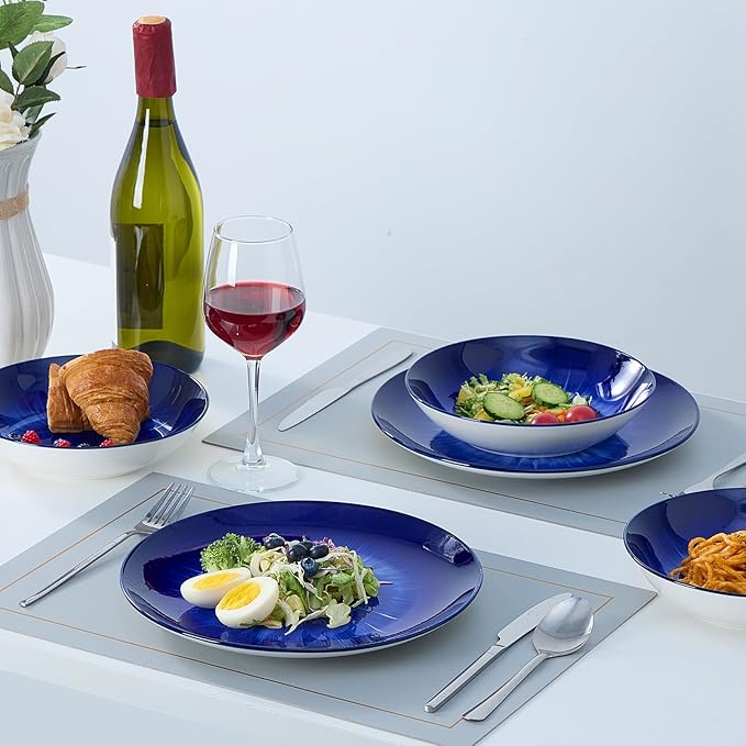 Bestone Porcelain Dinnerware Sets Service for 4, 12 pcs Hand drawn Plates and Bowls Sets, Handmade Ceramic Dish Set, Chip Resistant Modern Plate Set, Dishwasher/Microwave Safe，Dark Blue