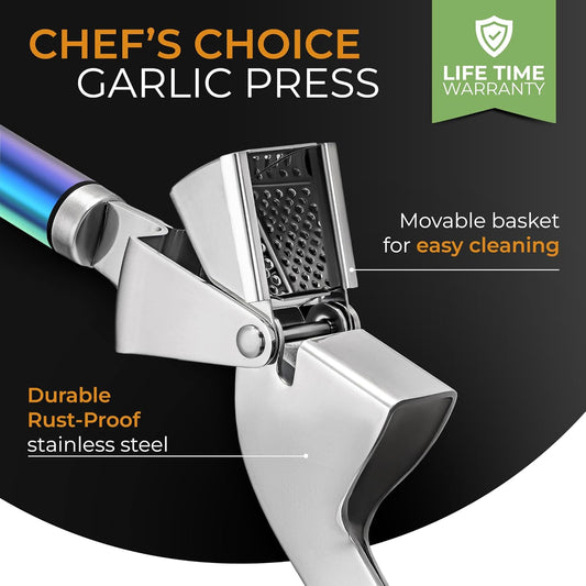 ORBLUE Garlic Press Stainless Steel - Premium Professional Grade Garlic Mincer, Crusher & Peeler Set - Easy Clean, Dishwasher Safe & Rust-proof, Multi-colored