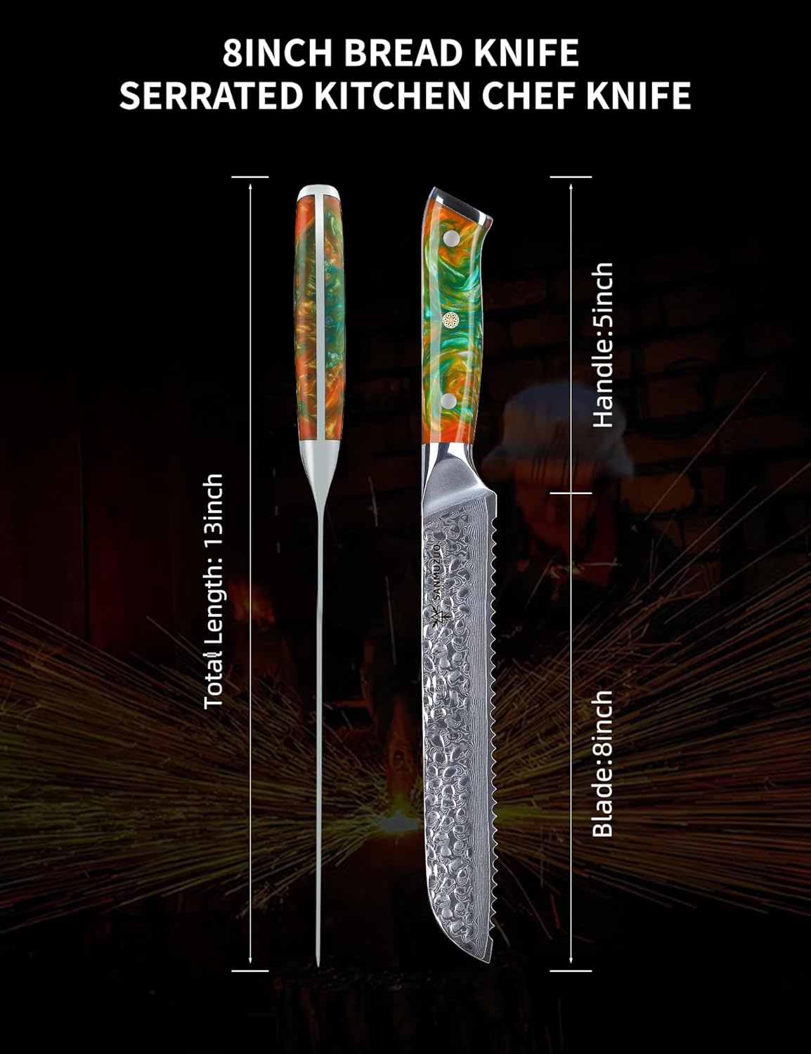 8" Bread Knife Serrated Blade- Hammered Damascus Steel & Resin Handle - Yao Series