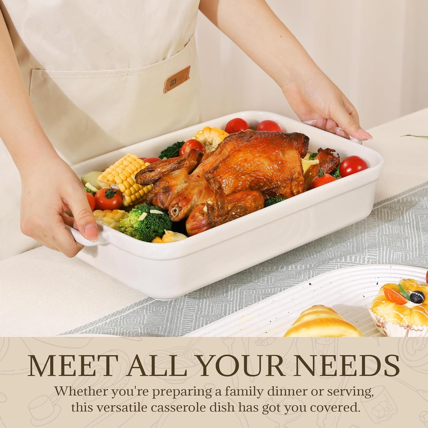 Casserole Dish,Large Baking Dish Cookware,Deep Lasagna Pan for Oven,Ceramic Bakeware for Baking, Easy to Clean (White, 5.5 Quart,No Lid)