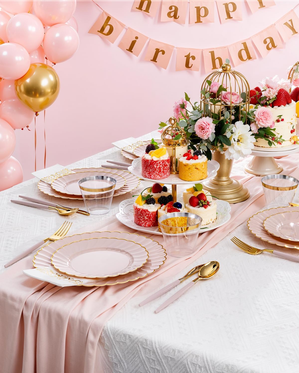 Ciaell 175 PCS Pink Scalloped Plastic Plates with Gold Trim - Pink Plastic Silverware with Handle - Fancy High-End Dinnerware Sets for Wedding & Showers & Party & Anniversary (25 Guests)