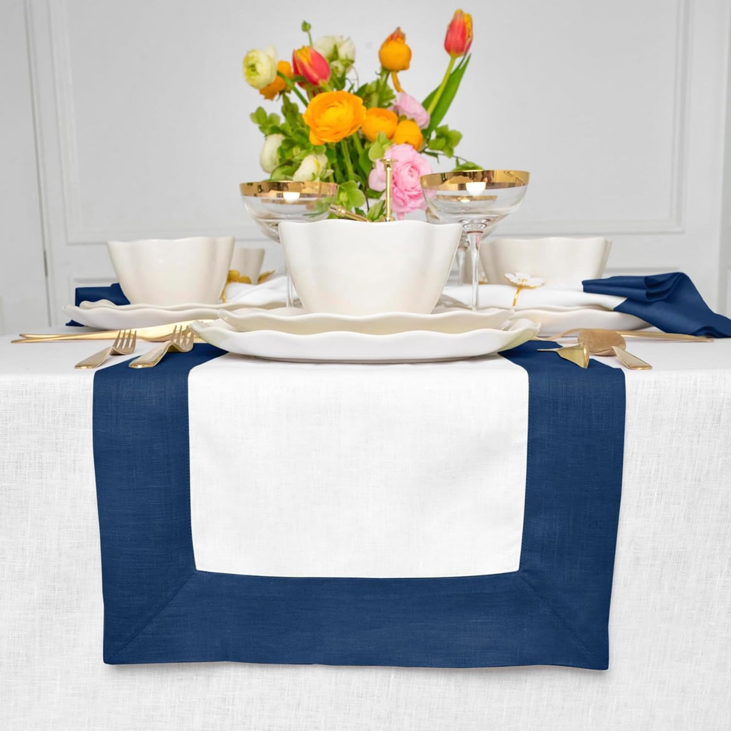 Solino Home Linen Table Runner 90 Inches Long - Indigo Blue and White 100% Pure Linen 14 x 90 Inch Table Runner for Dining, Fall, Autumn, Thanksgiving - Contempo