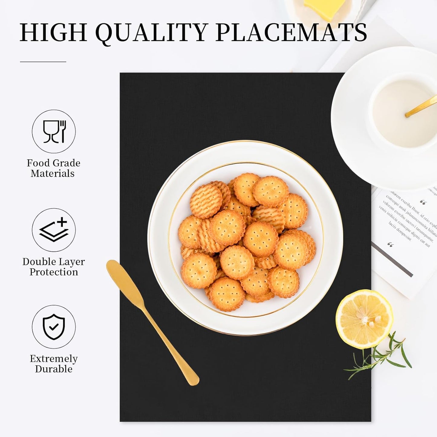 Placemats Set of 6 Linen Type Fabric Cloth Placemats, 19 x 13 Inch Double Layered Thick Wrinkle Free Heat Resistant Table Place, for Dining, Kitchen, Party (Black, 48 * 33cm)