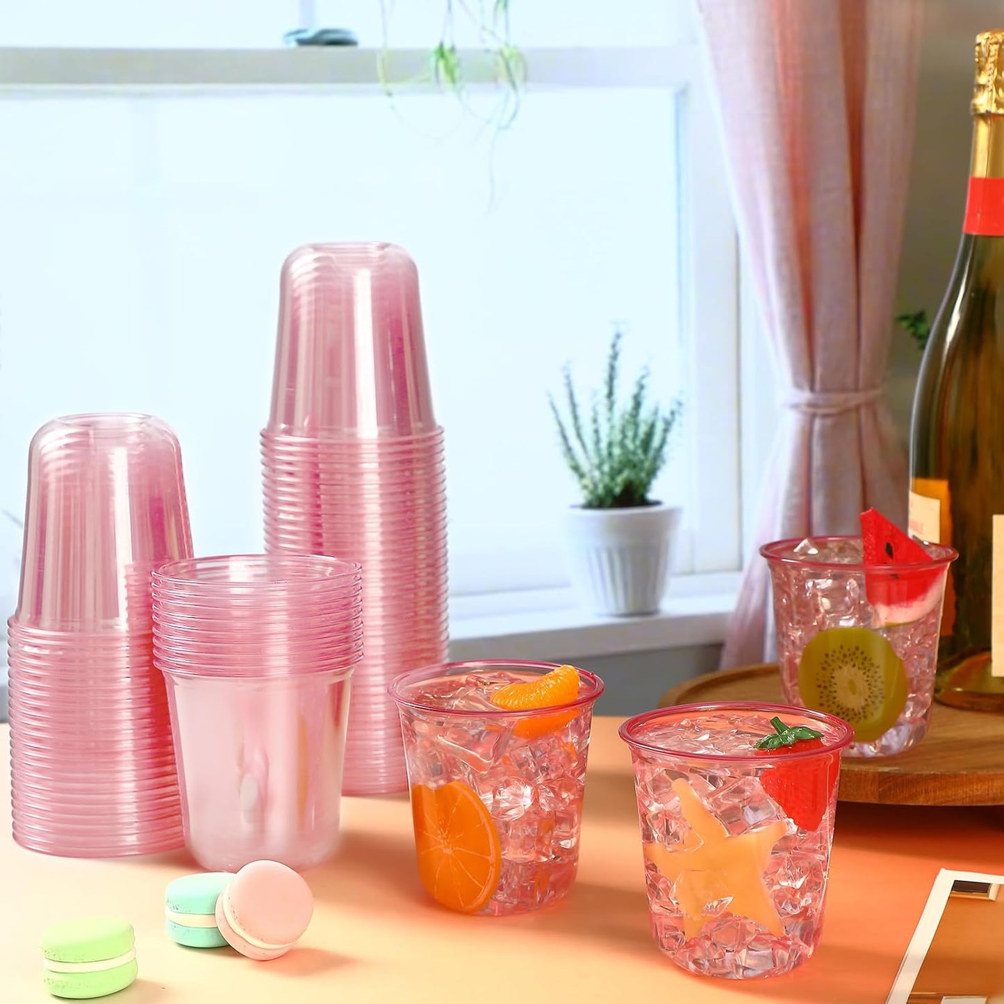 200 Pcs Disposable Stemless Glasses 12oz Crystal Plastic Wine Glasses Clear Classic Pet Cup for Meeting Weddings Birthdays Cocktail Christmas Party Supplies (Pink)