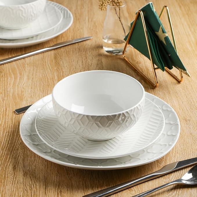 Sureasy Ceramic Dinnerware Sets for 8, 24 Piece Embossed Plates and Bowls Sets, Scratch Resistant Stoneware Dishes Set, Dishwasher and Microwave Safe, White