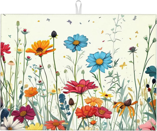 Butterfly Flowers Dish Drying Mat 18x24 Inch, Microfiber Absorbent Fast Dry Mat Daisy Floral Large Dish Mat Drying Kitchen Mat, Kitchen Drying Pad for Kitchen Counter Coffee Bar Decor Gifts