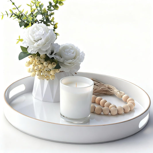 Zosenley Decorative Tray, Round Plastic Tray with Handles, Modern Vanity Tray and Serving Tray for Ottoman, Coffee Table, Kitchen and Bathroom, Size 13” (White)