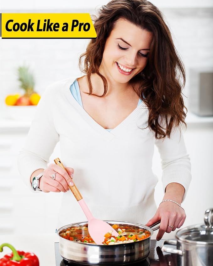 Pack of 4 Silicone Cooking Utensils Set, Non Stick Solid Spatulas and Heat Resistant Slotted Spoons with Wooden Handle, Ideal Wood Kitchen Utensils Set for Frying,Serving,Turning,Stirring (PINK)