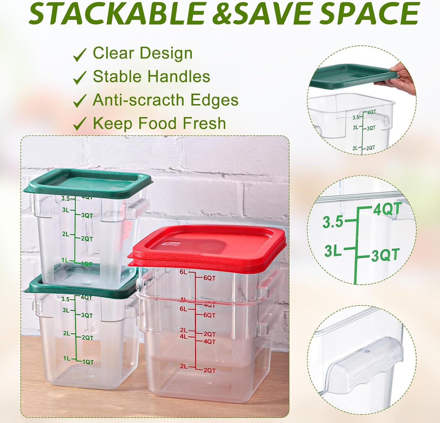 Lallisa 4 Pcs 6 Qt and 4 Qt Food Storage Containers with Lids and Handles Square Food Containers with Scales Polycarbonate Air Tight Containers for Home Storage Kitchen Restaurant