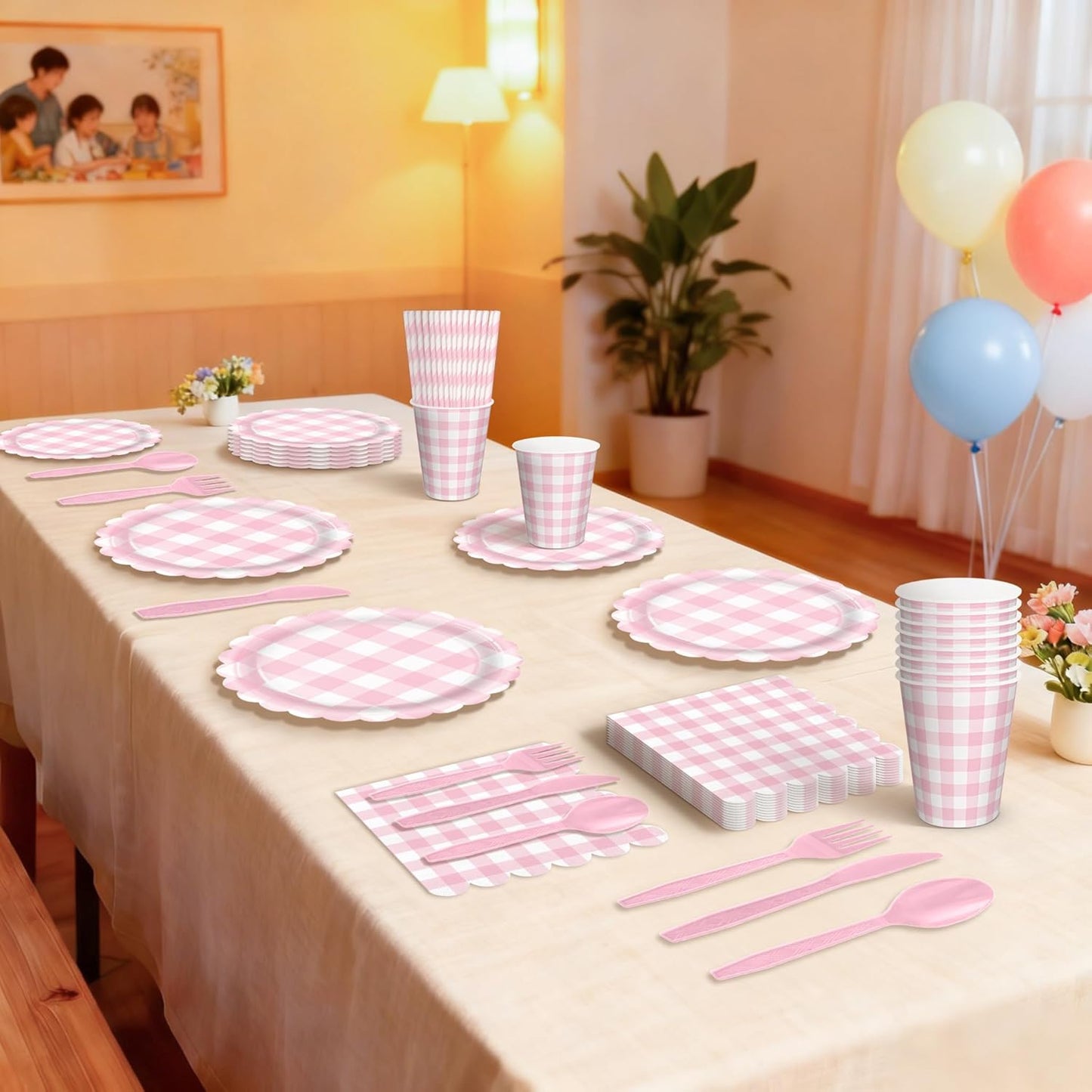192 PCS Gingham Party Supplies Serve 24 Guests Gingham Plates and Napkins and Cups for Birthday Decorations Baby Shower Checkered Party Supplies Dinnerware Sets for Girl Boy Light Pink White