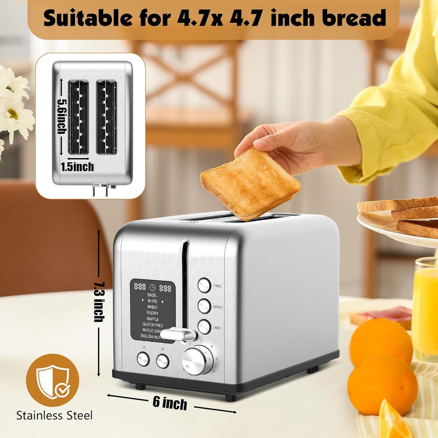 2-Slice Toaster with 8 Bread Types & 6 Browning Levels, Timer Count-down Display, Defrost, Reheat and Cancel Setting with LED Lighting, Extra lifting, Self-centering and Single Function, 825W