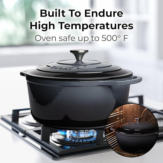 Zulay Kitchen 5 Quart Enameled Cast Iron Dutch Oven Pot with Lid – Premium Durability & Oven Safe up to 500°F – Heavy Duty Cookware Perfect for Bread Baking, Stews, Braising & Roasting – Gray