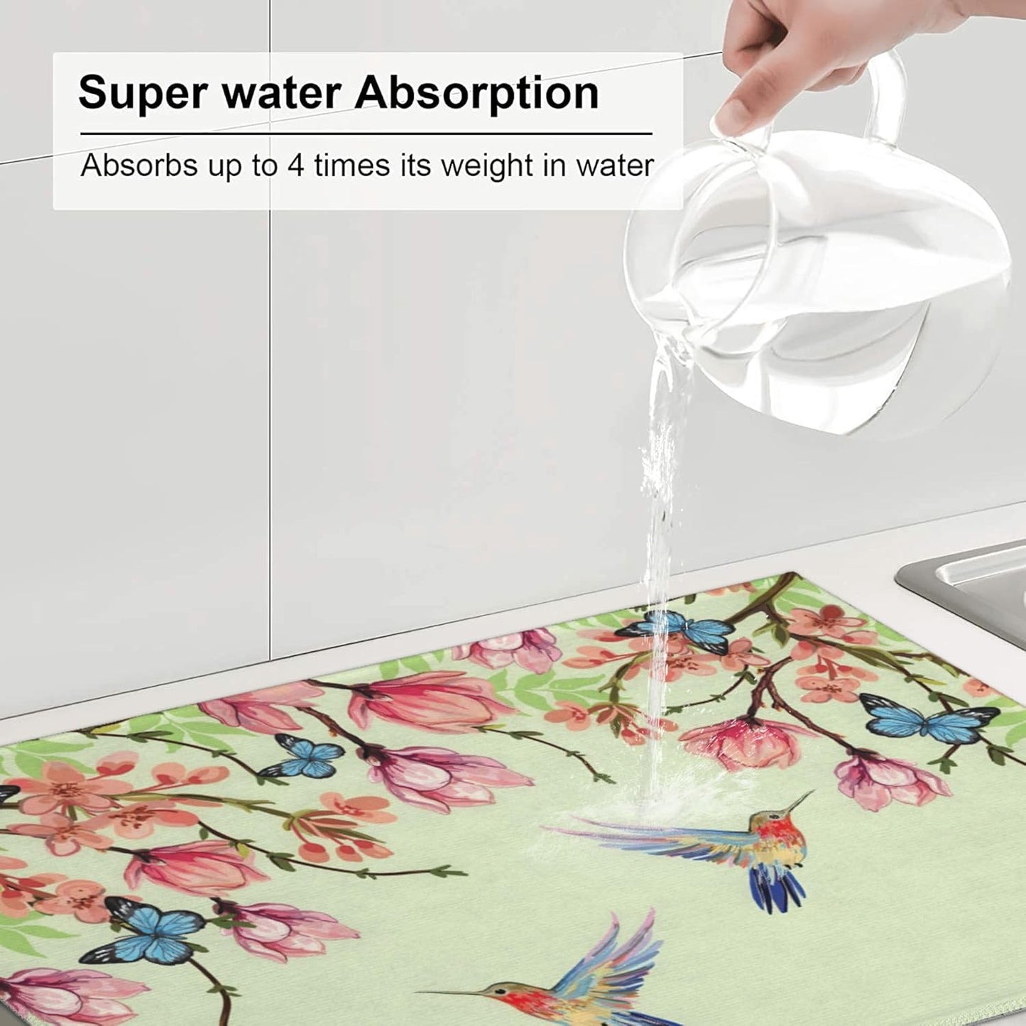 Bird Floral Flowers Dish Drying Mat for Kitchen Counter, 18"x24" Microfiber Absorbent Fast Dry Mat, 2Pcs Dish Mat Faucet Mats Sets, Large Drying Kitchen Mat Kitchen Drying Pad Coffee Bar Decor Gifts