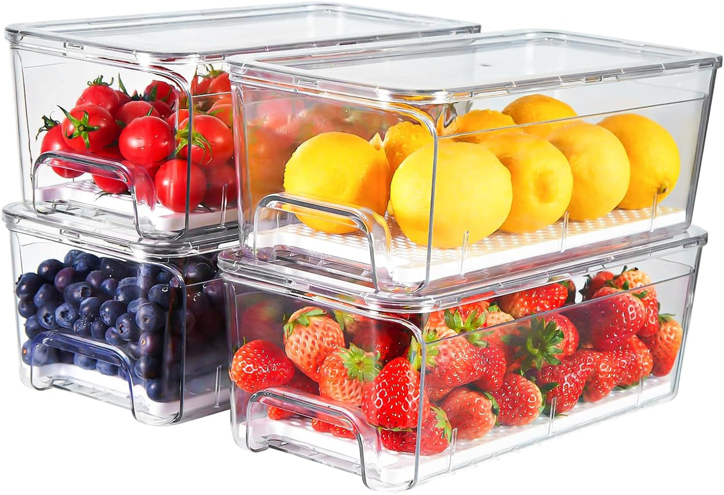 4-Pack Refrigerator Drawer Organizer Bins, Clear Stackable Pull Out Fridge Organizers and Storage Container, with Strainer Layer for Fruits, Vegetables, Drinks, Snack and Food