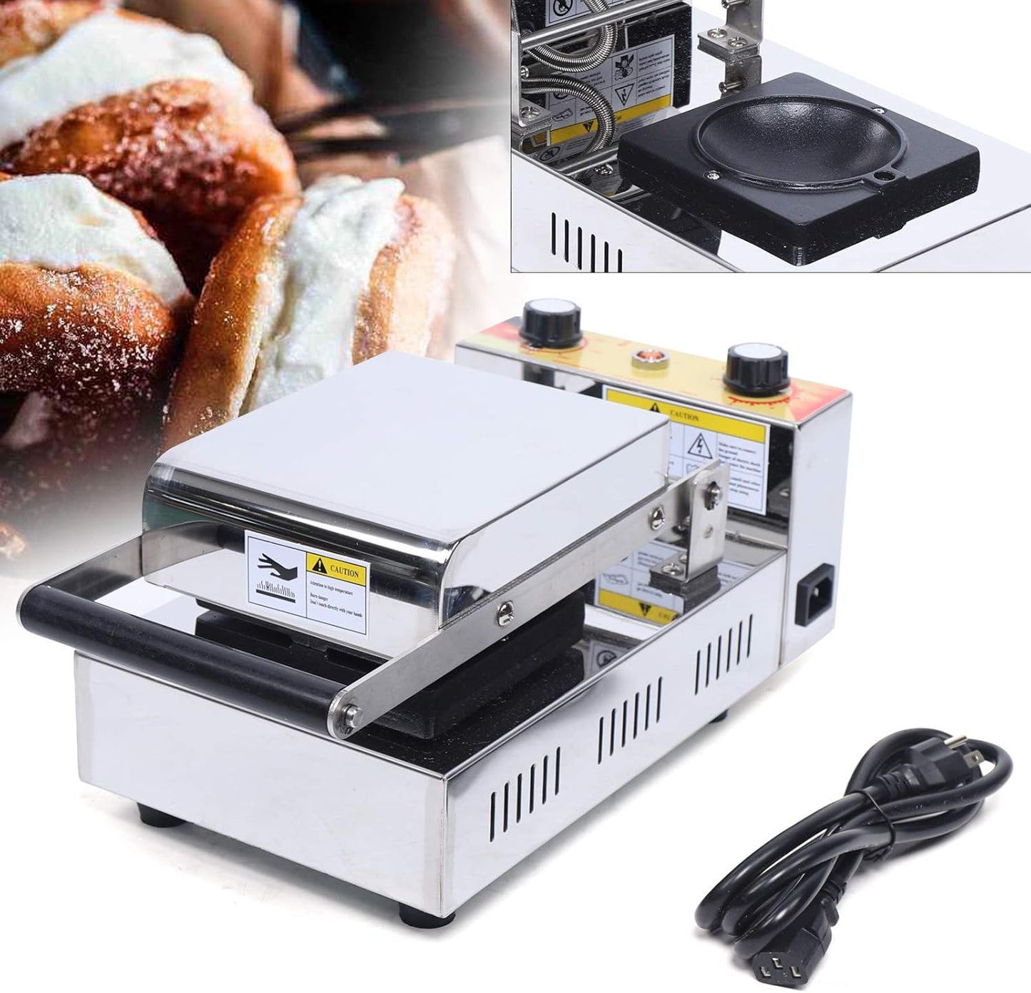 1000W Electric Burger Waffle Make Double Sides Non-stick Stainless Steel Uniform Heating Waffle Bowl Maker Ice Cream Sandwich Maker for Bakeries, Restaurants