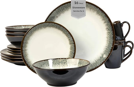 Sango 16-Piece Stoneware Dinnerware Set for 4, Glossy White & Green Mugs, Plates and Bowls Sets- Reactive Glaze, Ceramic Dish Set, Dishes for Everyday Use, Microwave & Dishwasher Safe, Novelle Moss