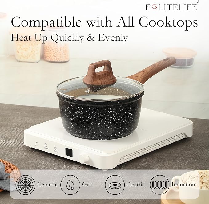 ESLITE LIFE 1.5 QT & 2.5 QT Sauce Pan Set with Lids, Nonstick Small Soup Pot Compatible with All Stovetops (Gas, Electric & Induction), PFOA Free, Black