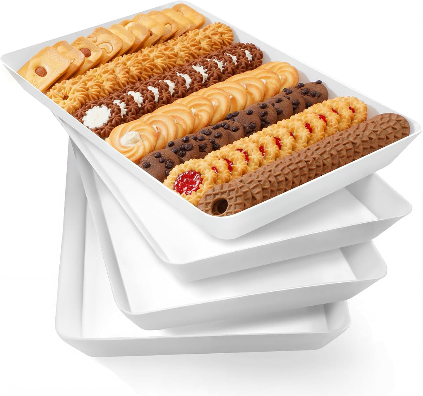 Lifewit Plastic Serving Tray for Party Supplies, White Trays for Serving Food, Reusable Large Platter for Buffet, Fruit, Dessert, Snack, Veggie, Kitchen and Outdoor Use, Rectangle, 14" x 10", 4 Pcs