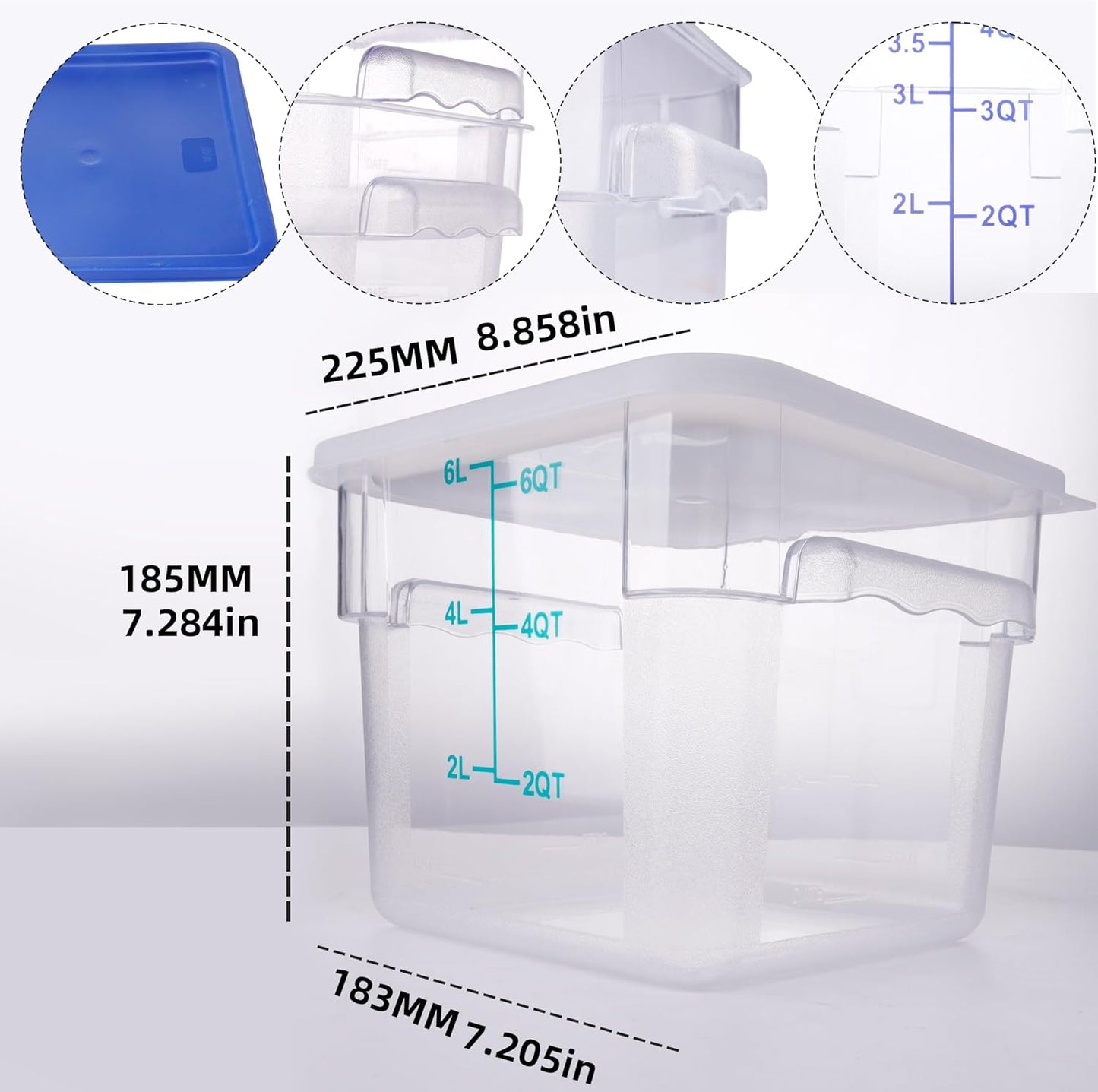 2 Pack Square Food Storage Container With Lid,2-12 Quart Commercial Storage Box With Scale & Handle,Cake Making,Dough Marinating Meat,Kitchen Supplies (6 Quart)