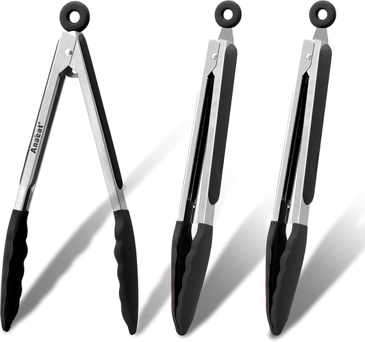 Anaeat 3 Pack 7" Mini Non-Stick Silicone Locking Tongs - Stainless Steel Kitchen Food Tong with Non-Slip Silicone Tips and Grip for Cooking, Baking and BBQ - Heat Resistant up to 480°F (Black)