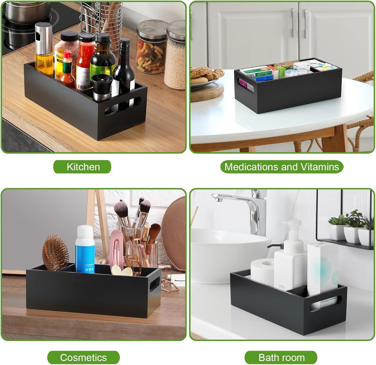 DRASTAR Pantry Organization and Storage Bins, Seasoning Packet Organizer with Removable Dividers,Wooden Storage Caddy for Kitchen, Pantry, Cabinet, Countertop, Black