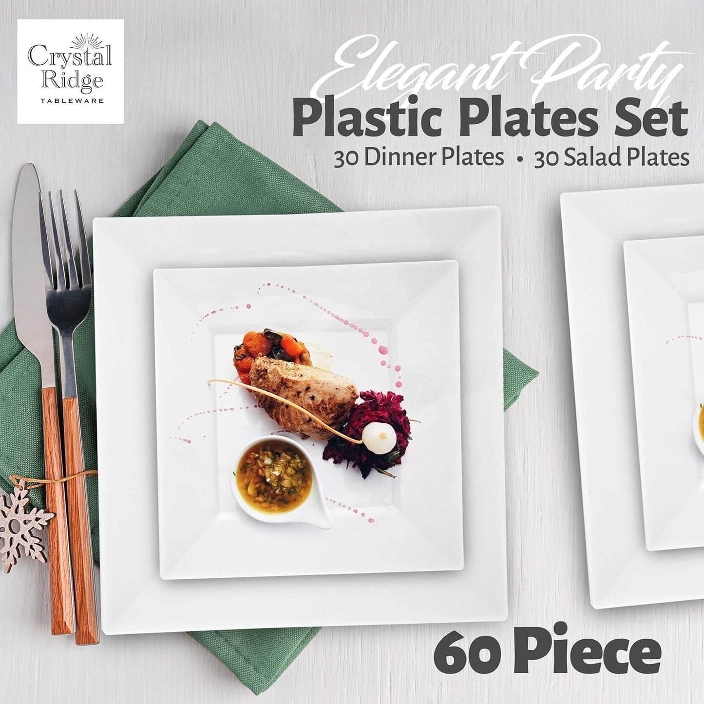 60 Pieces Square White Plastic Disposable Plates - Premium Heavy-Duty 30 Dinner Plates & 30 Salad Plates Ideal for Party, Birthday and Special Events