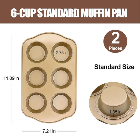 Nonstick 6 Cup Standard Muffin Pan, Cupcake Pan Set, Muffin Tins for Oven, 2 Pack, Gold