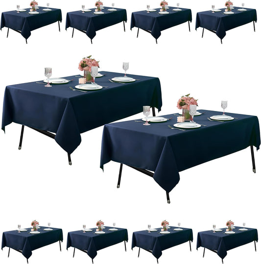 10-Pack 60x102 inch Navy Blue Table Cloths, Solid Stain and Wrinkle Resistant Oblong Tablecloth, Premium Plain Weave Polyester Fabric Rectangle Table Linen Covers for Hotel, Wedding