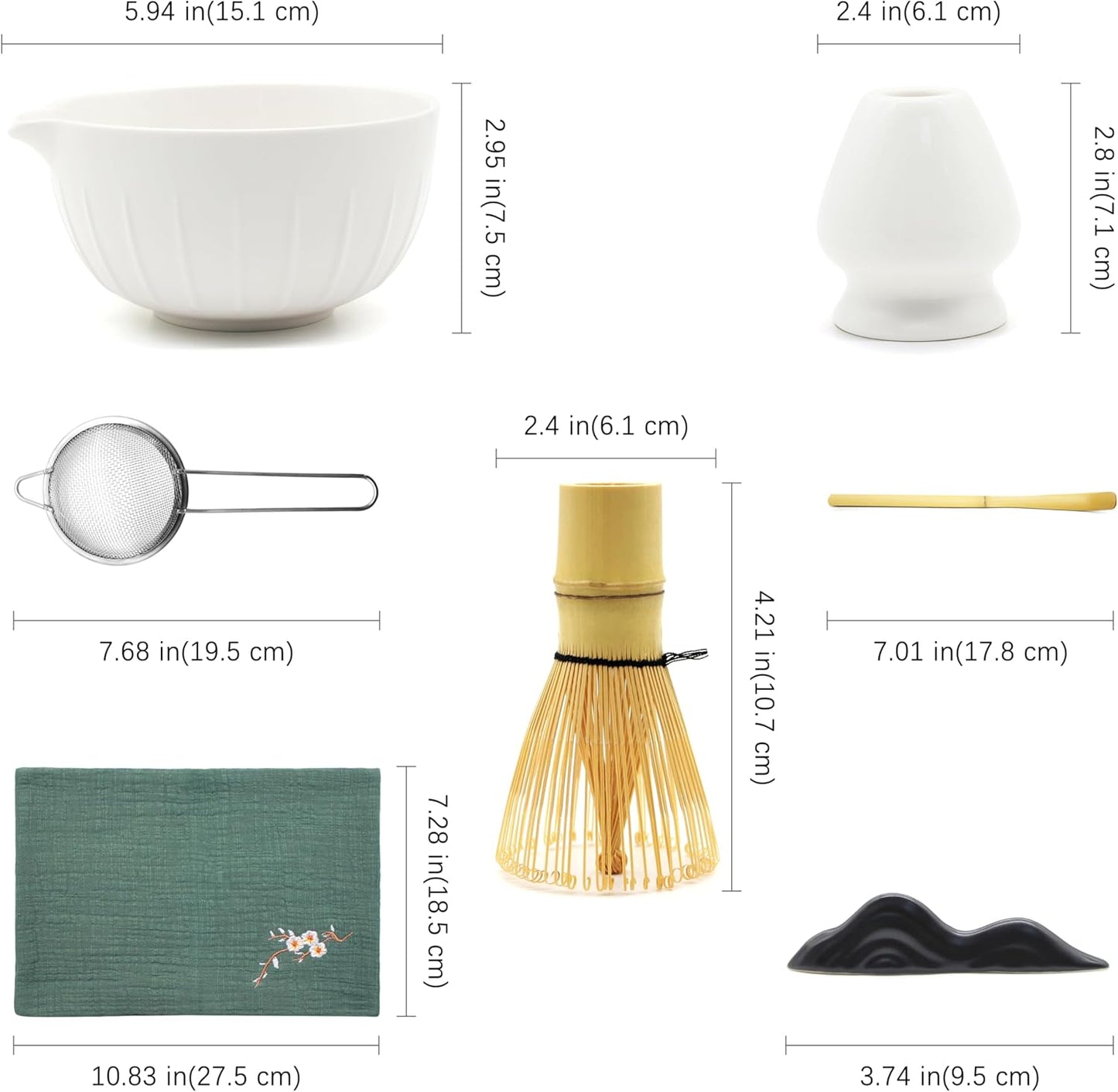 Matcha Whisk Set 7 Pcs - Ceramic Matcha Set with Bowl, Whisk, Holder, Bamboo Scoop, Rest, Sifter, and Tea Towel – Elegant Matcha Kit Gift for Women