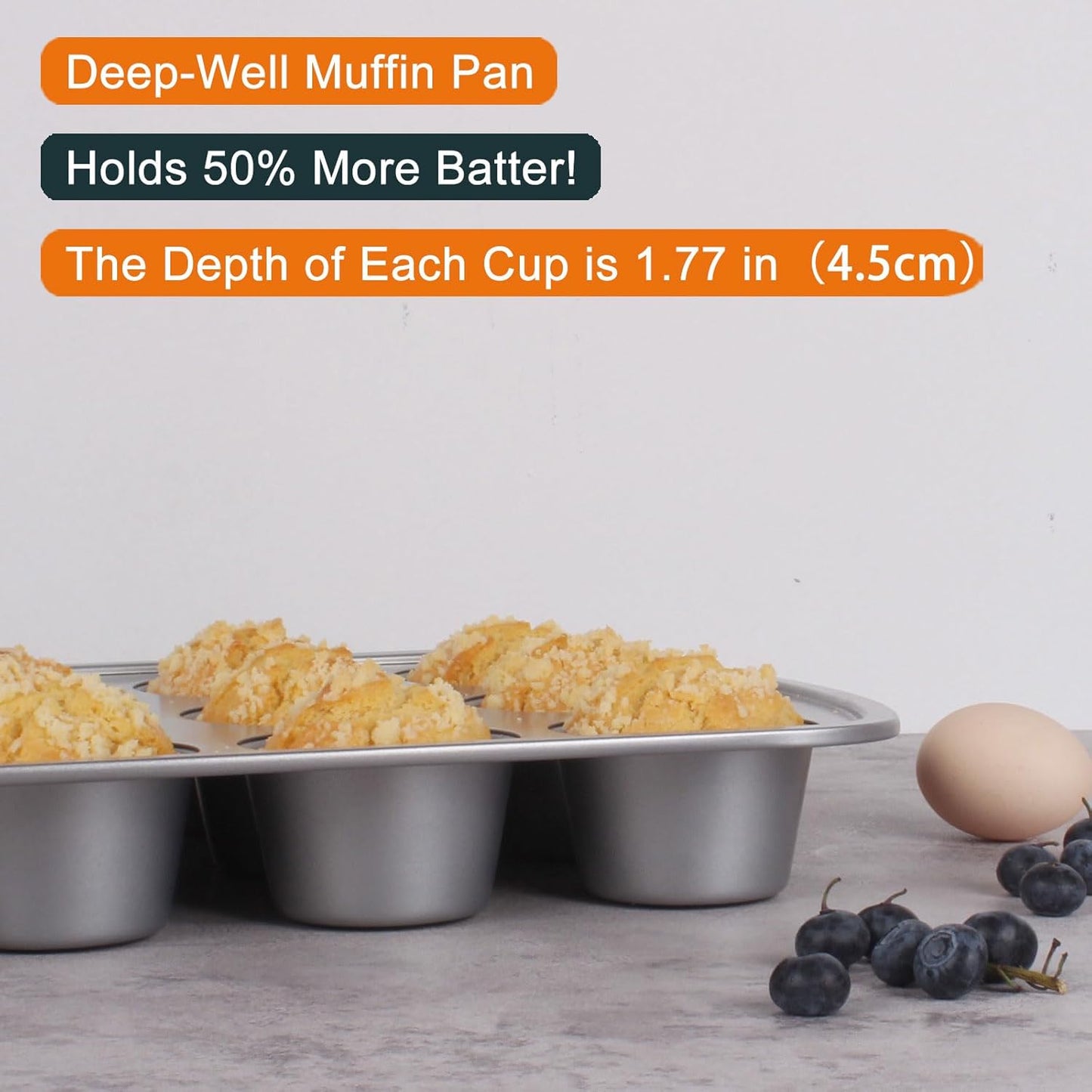 Deep Well Muffin Pan - 12-Cup 2-Pack, 1.77-Inch Deep Cups (50% More Batter), Heavy Duty Carbon Steel with Nonstick and Non-Toxic Coating, 15.9 x 11.1 Inches