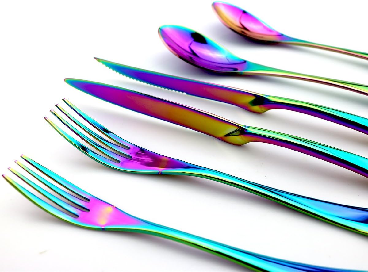JASHII Luxury Shiny Flatware Set 24-Piece | Iridescent Silverware Sets | 18/10 Stainless Steel Dinnerware Set | Utensils For 4 | Rainbow Tableware,Dinner Knife STEAK Knife Fork DINNER DESSERT Spoon