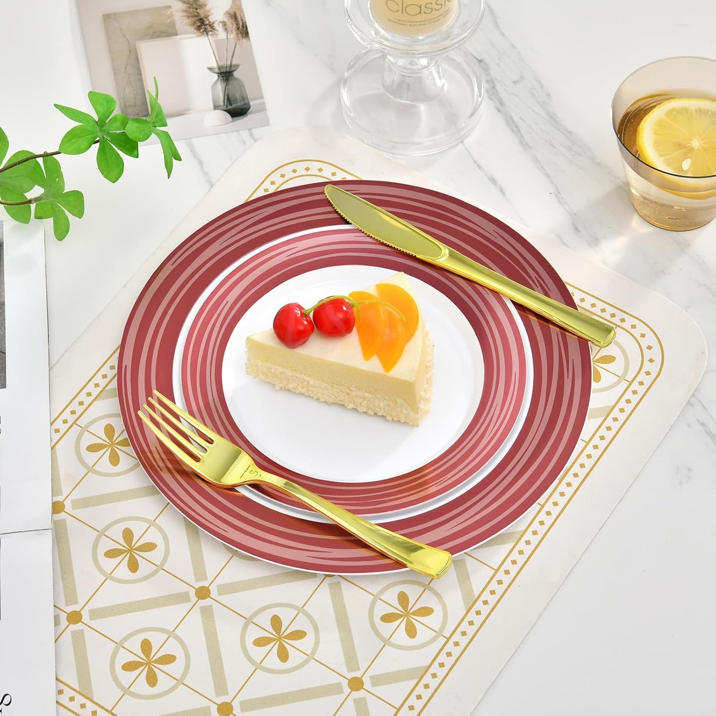 100PCS Reddish Brown Disposable Plastic Plates Include 50PCS 10.25inch Dinner Plate and 50PCS 7.5inch Dessert Plate Heavy Duty Plastic Dinnerware for Party Wedding Anniversary New Year