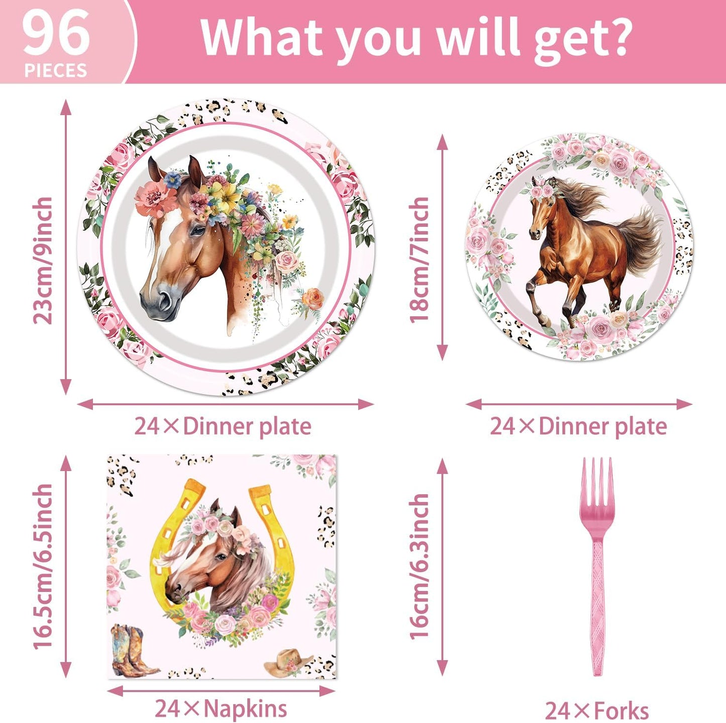 Horse Birthday Party Supplies Tableware - 96 Pcs Cowgirl Birthday Party Decorations, Horse Themed Party Paper Plates and Napkins Sets with Forks, Western Baby Shower Disposable Dinnerware, Serves 24