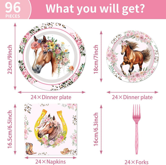 Horse Birthday Party Supplies Tableware - 96 Pcs Cowgirl Birthday Party Decorations, Horse Themed Party Paper Plates and Napkins Sets with Forks, Western Baby Shower Disposable Dinnerware, Serves 24