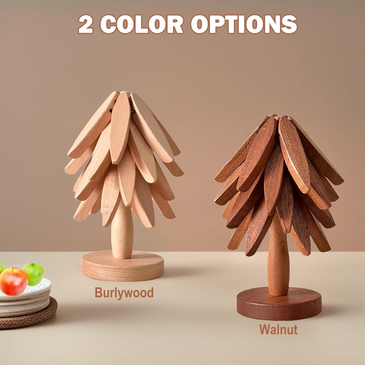 Wooden Trivets for Hot Dishes, Foldable Kitchen Trivet, Tree Shape Trivets Set - 4 Trivet & 1 Stand, for Hot Pots Pans, Teapots, Frying Pans, Decoration (Beech Wood)