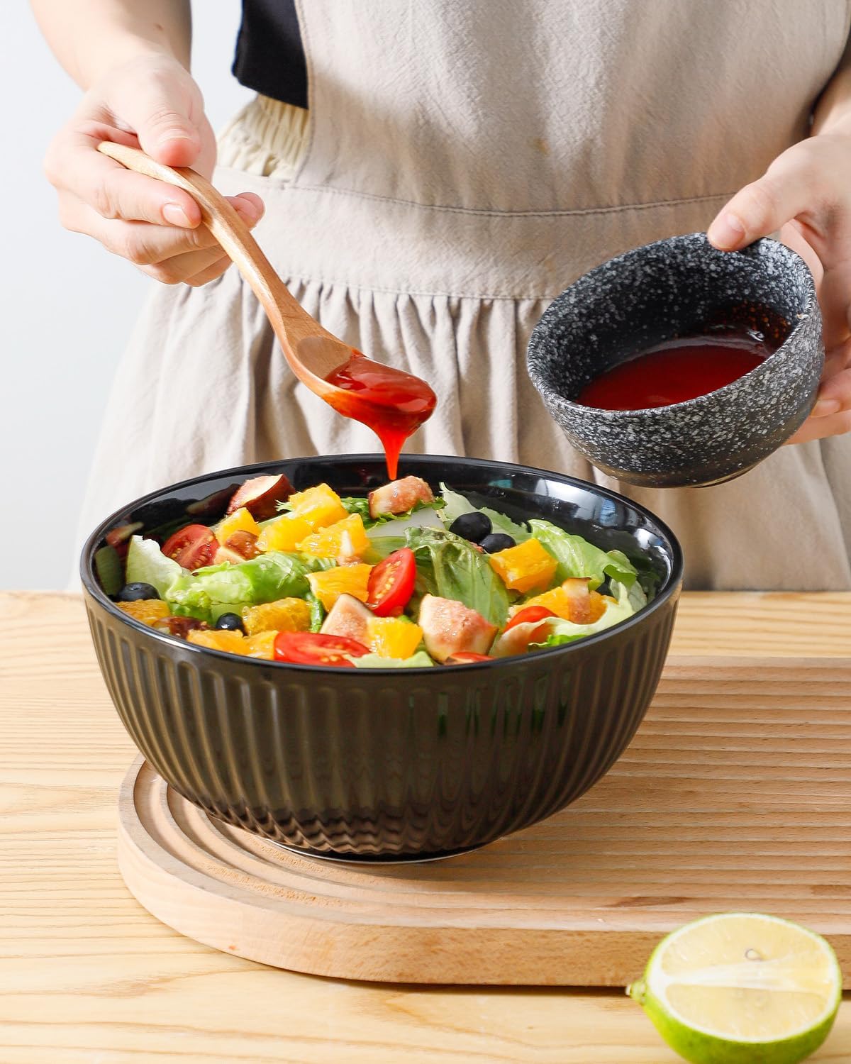 Hasense Large Serving Bowls Set of 2, 60 Oz Porcelain Salad Bowl 8 Inch for Kitchen Dining,Elegant Ribbed Ceramic Dishes for Party,Soup,Pho,Pasta,Cereal,Fruit - Dishwasher & Microwave Safe, Black