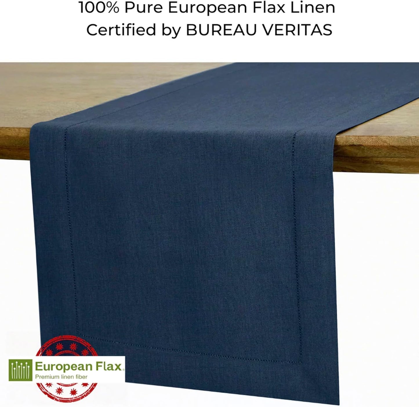 D'Moksha Homes Linen Navy Blue Table Runner 90 Inches Long - Classic Hemstitch 100% Pure Linen Dining Table Runner 14 x 90 Inch for Fall, Autumn and Halloween