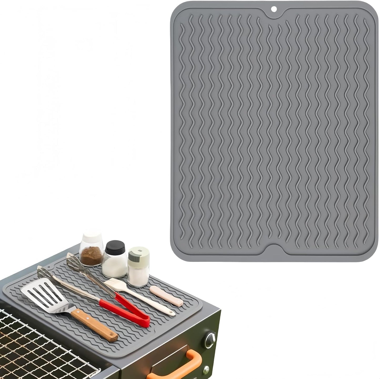 Blackstone Griddle Accessories Silicone Grill Side Shelf Tool Mat, Outdoor BBQ Spatula Mat, with Drip Pad Kitchen Countertop Heat Resistant Mat (Grey)