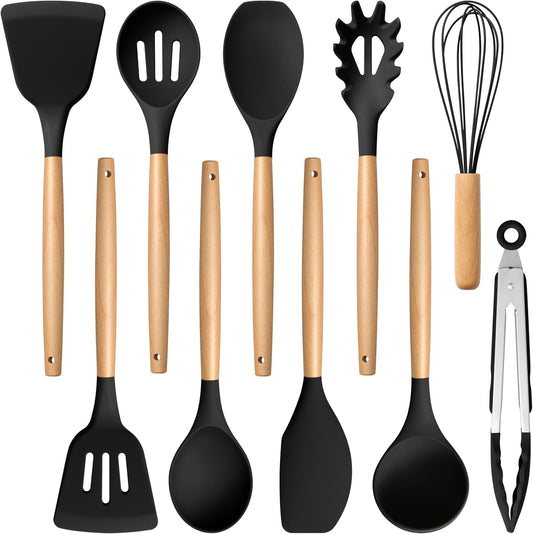 E-far Silicone Cooking Utensils Set, 10-Piece Black Kitchen Utensils Set with Wooden Handle for Nonstick Cookware, Heat Resistant Kitchen Nonstick Tools Spatula Whisk Tongs Ladle, Non-toxic & Healthy