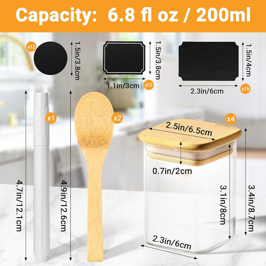 Square Glass Jars with Lid, 4 Pack 6 Fl.oz Glass Spice Jars with Bamboo Lids, Wide Mouth Food Storage Canister Pantry Containers for Sugar Coffee Tea Candy - Included Labels, Spoon and Marker