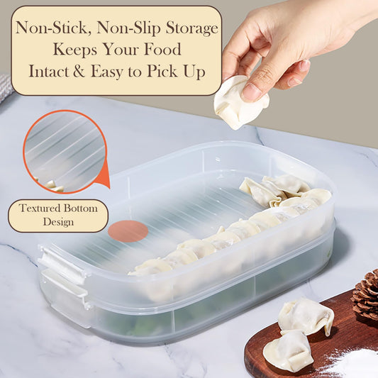 4-Layer Dumpling Storage Container – Freezer Organizer with Smart Timer, Good Sealing, Stackable Food Containers, Anti-Stick Base & Clip Lid (White Lid & Transparent Box)