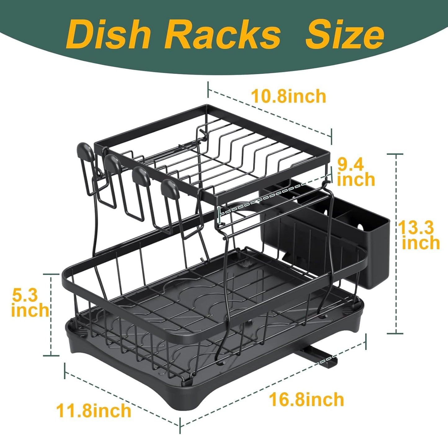 LIYI Dish Drying Rack,Large Dish Rack for Kitchen Counter,2-Tier Dish Racks with draining Tray,Detachable Capacity Dish Drainer Organizer,Black