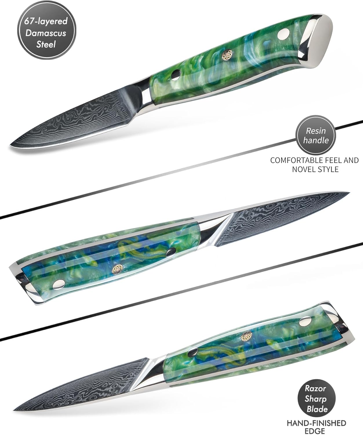 3.5 Inch Paring Knife - Kitchen Fruit Vegetable Knife Damascus Steel & Resin Handle - Xuan Series (Jade Green)