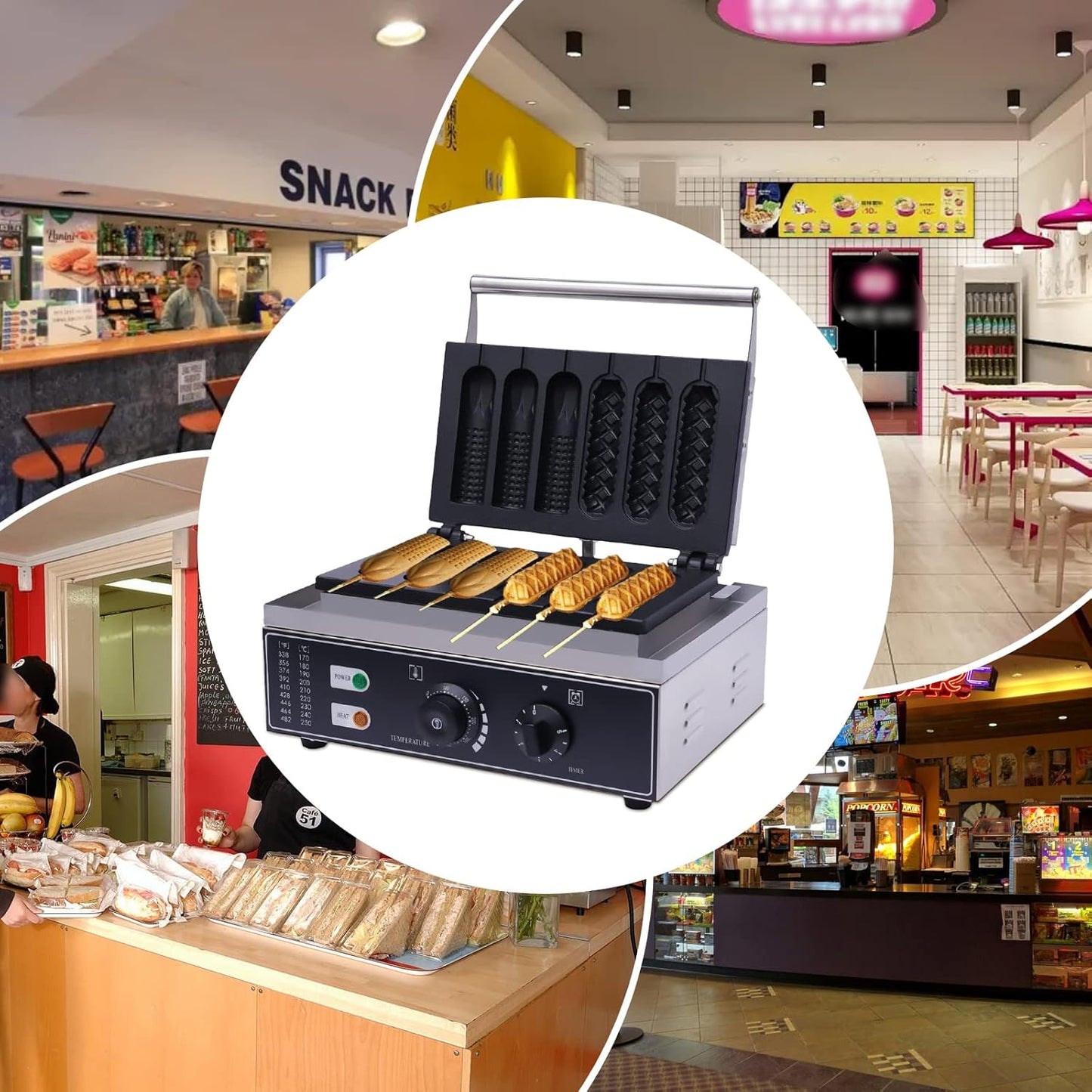 110V Nonstick 2-Shape Commercial Electric 6pcs Hot Dog Maker Machine Waffle Baker Electric Waffle Maker Muffin Machine Corn Dog for Family Breakfast Gift 1500W