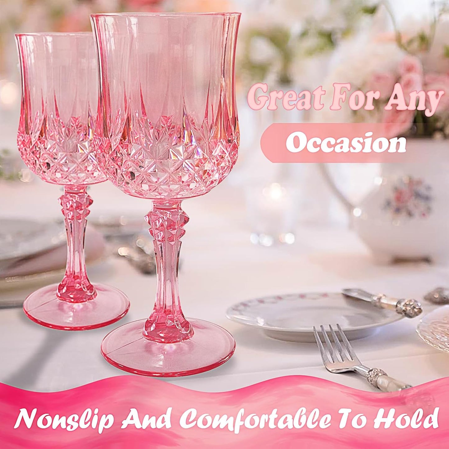 12 PCS Pink Plastic Wine Glasses,Reusable Plastic Wine Glasses,Pink Goblet Glass,Durable and Sturdy Cups Can Be Used for Various Parties Such as Weddings!