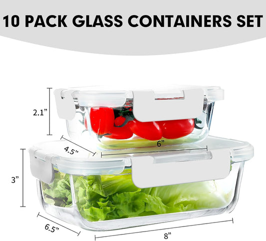 VERONES 10Pack Glass Meal Prep Containers, Airtight Glass Lunch Containers,Stackable Food Storage Containers Set with Lids,Exclusive of BPA, for Microwave,Oven, Freezer&Dishwasher Friendly,White