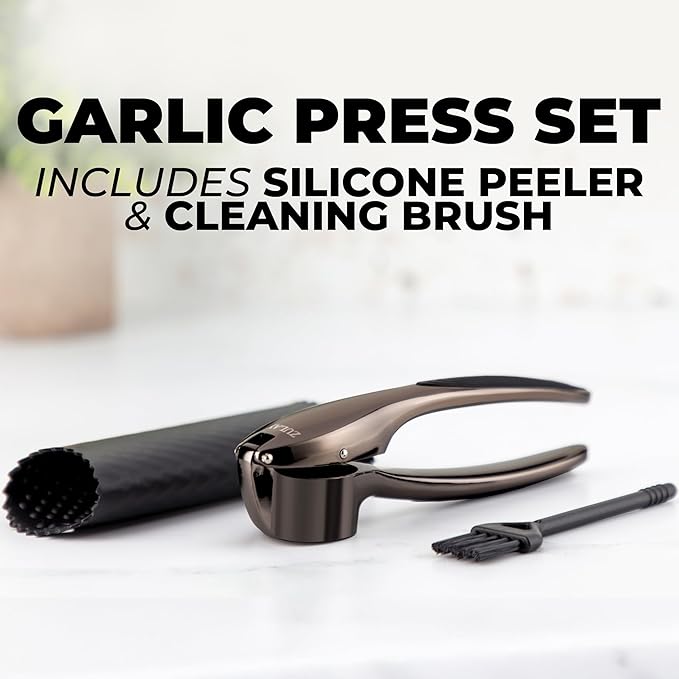 Zulay Kitchen Premium Garlic Press Set – Rust Proof & Dishwasher Safe Garlic Mincer Tool with Silicone Garlic Peeler & Brush, Easy Squeeze & Clean, Ergonomic Soft Grip Handle - Medium – Dark Gray